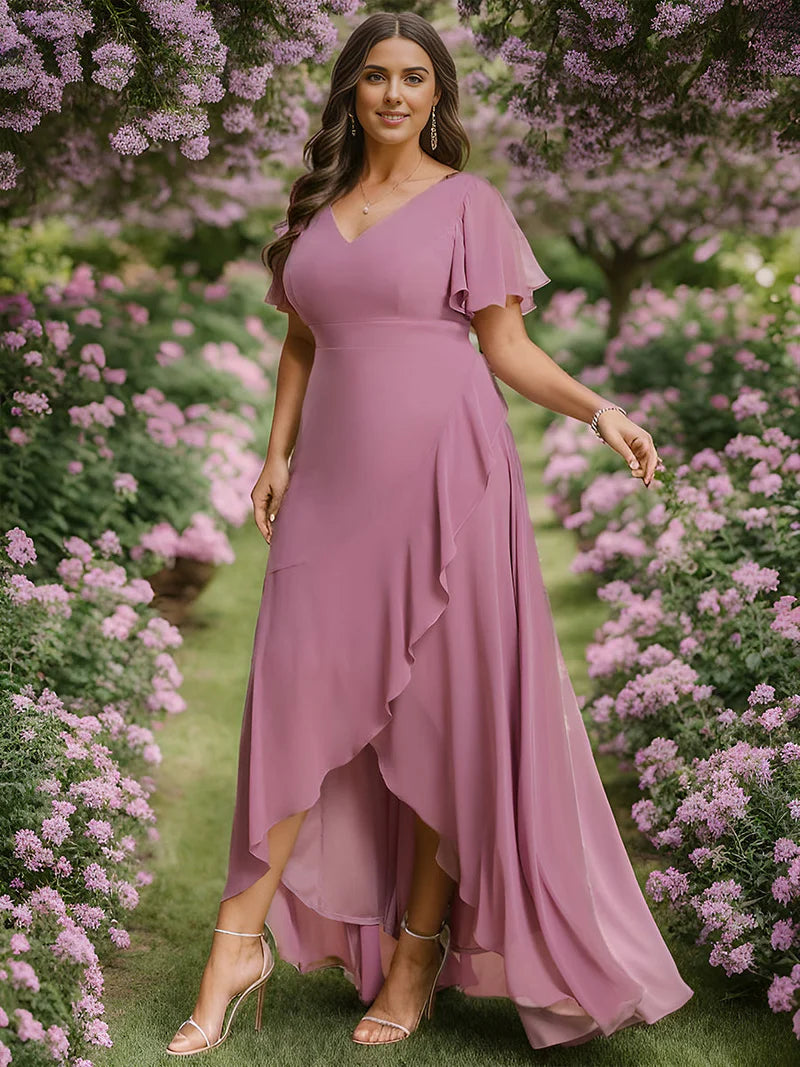 Orchid plus sized bridesmaid dress with high low ruffle and chiffon.